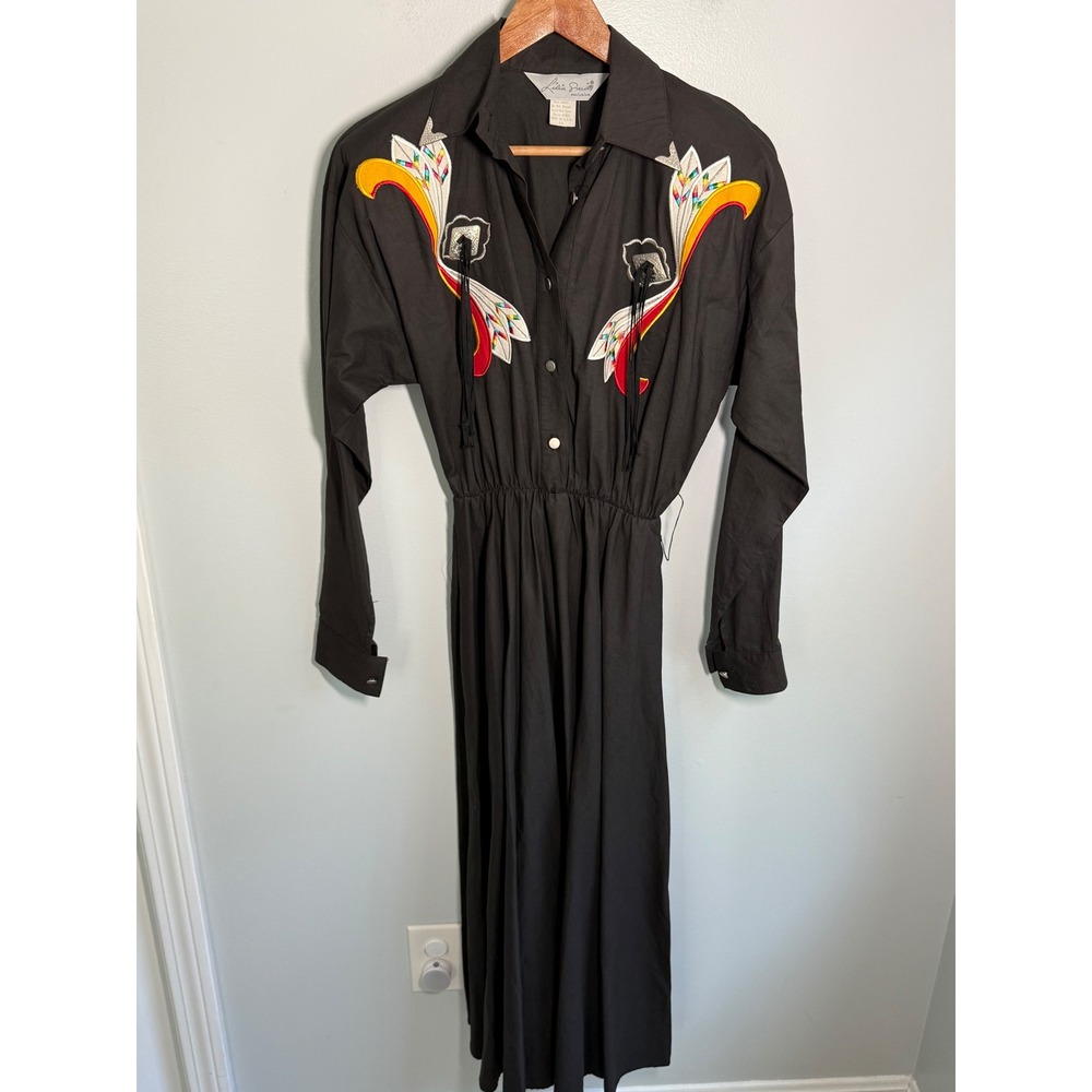 Vintage Lilia Smitty Exclusive Western Dress 80s Embroidered Fringe Black 3/4